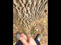 Teen jerks off behind a tree and cums in it