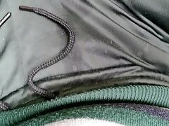 Quick cum on shiny tracksuit - showing cum mess on tracksuit