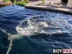 Blond twinky goes for a swim and then strokes his cock