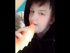 Femboy goth twink records himself sucking toy just been inside him