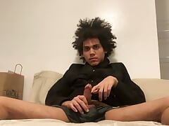 Kinky hair Hispanic teen touches himself and masturbates