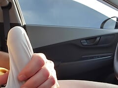 Big balls and stroking hard and thick mushroom tipped veiny cock in a g-string in car