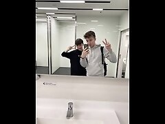 Twink chokes on a huge cock in a public toilet