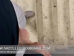 Boy in jockstrap jerking and cumming on the stairs - twinkcollegeboi
