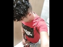 Jerk off at the toilet with door open - almost caught right through orgasm