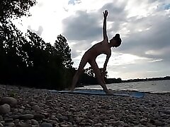 Slender nudist boy does yoga nude on a naturist beach. Naked yoga video by Jon Arteen gay porn model