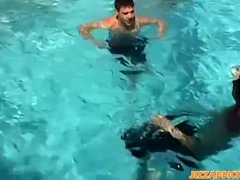 Twinks bathe in their pool before enjoying group bang time